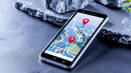Poster - Smartphone displaying navigation map with location markers for GPS tracking and travel planning