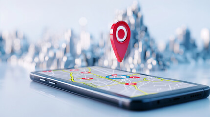Poster - Smartphone with map showing location pin technology on abstract background