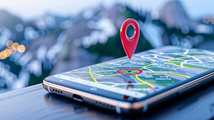 Poster - smartphone displaying map with location pin on screen focused on navigation and travel