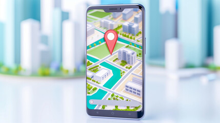 Poster - Smartphone displaying a map with location marker on urban background