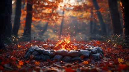 Firepit made of rough stones, set in a forest clearing covered with colorful fallen leaves, flames crackling and sending sparks into the air, soft light filtering through the trees,