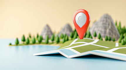 Map with location pin displaying navigation strategy on landscape background