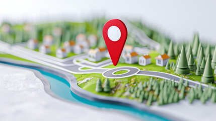 Poster - Map pin location on 3D map with houses trees and water in a vibrant landscape