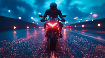 A motorcyclist races toward the viewer, lit by digital blue lights, highlighting speed and determination in a futuristic, digitally enhanced environment.