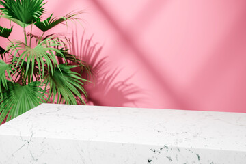 Luxury marble table with palm shadow on pink wall background.