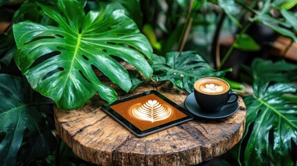 Poster - Empty tablet screen on a stylish cafe table, next to coffee cup and plants, ready for content display.