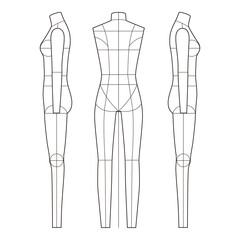 Minimalistic three-view line art of a female fashion figure with back and side profiles, proportional grid

