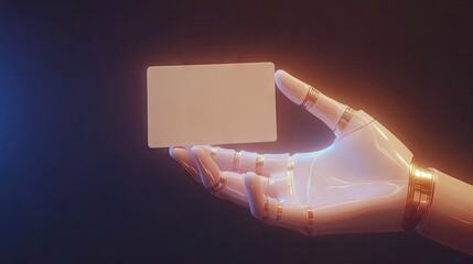 Poster - Glowing robotic hand with blank card against dark background, with blue and gold accents illuminating.