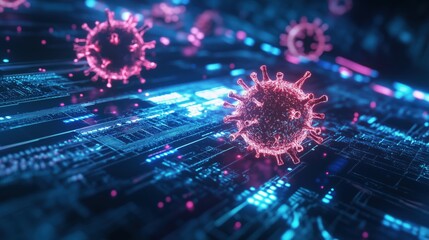 Aufkleber - virus particles on digital circuit background, glowing pink and blue colors