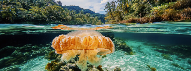 A translucent jellyfish gracefully gliding through clear tropical waters near lush vegetation during a bright sunny day