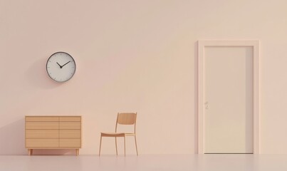 Poster - A minimalist interior with an empty wall, featuring only one clock and a door on the right side of the frame. A light pink color scheme is used for the background, creating a calm atmosphere.