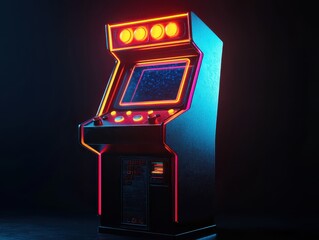 Retro arcade machine with neon lights in dark room, showcasing vintage gaming nostalgia and classic entertainment.