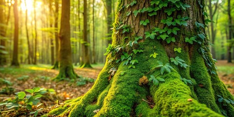 A verdant and vibrant patch of moss on a tree trunk in an overgrown woodland landscape with vines and green leaves dripping off, moss, nature