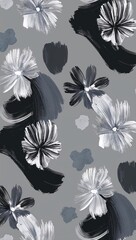 Wall Mural - Black ink and gray brush marks with abstract floral shapes  pattern