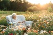 © Olsek - A serene elderly woman relaxes on a couch in a vibrant flower field. The light of sunset casts a warm glow. This captures peace and beauty in nature. Generative AI