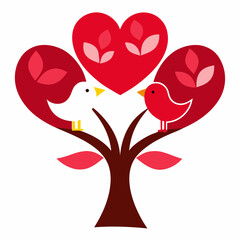 Valentine's day love birds kissing on heart tree vector illustration on white background