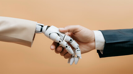 A robot extends its hand to meet a suited human hand against a light beige background, symbolizing the connection between humans and Robot/AI.