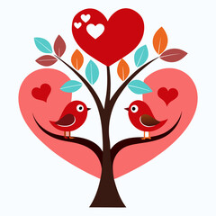 Valentine's day love birds kissing on heart tree vector illustration on white background