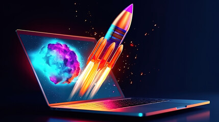 Fototapete - Attractive Rocket coming out of laptop screen