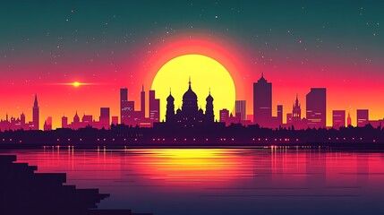 Flat silhouette illustration of St. Basil's Cathedral against a dramatic background, with a vibrant gradient sky blending deep blue, bright purple,