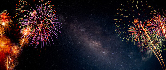 Wall Mural - fireworks with blur milky way background