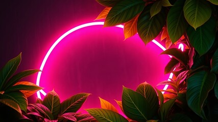 Wall Mural - A vibrant pink neon circle illuminates a wall surrounded by lush green foliage. The leaves frame the glowing light, creating a striking contrast of colors and textures.