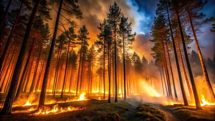 Wall Mural - forest fire smoke at night