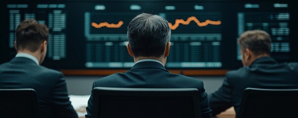 Poster - Three professionals analyzing data in a modern office with screens displaying graphs and statistics, showcasing teamwork and focus.