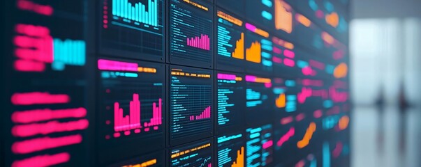 Poster - Vibrant data visualization featuring colorful graphs and analytics on a digital screen, ideal for tech and finance concepts.