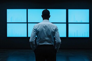 Poster - A business professional observes data on multiple screens, symbolizing analysis and decision-making in a modern workspace.
