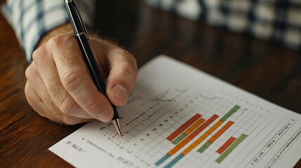 Poster - A hand holding a pen while analyzing a colorful bar graph on paper, representing data analysis and business strategy.