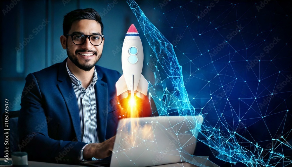 Startup business concept: a rocket is launching into space, just like ...