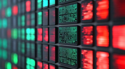 Poster - Abstract close-up of a digital display with colorful lights and data, representing technology, communication, and information flow.