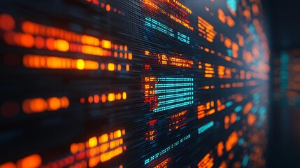 Poster - Abstract digital data visualization with vibrant orange and blue colors, representing modern technology and information processing.