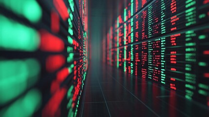 Poster - Abstract data visualization featuring green and red numbers on a digital trading screen, representing market fluctuations and analytics.