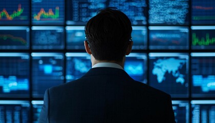 Poster - Businessman reviewing data analytics from multiple screens in a modern office setting. Focus on financial performance and trends.