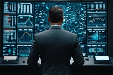 Poster - Businessman analyzing data on multiple screens, focusing on graphs and statistics, in a modern office environment.
