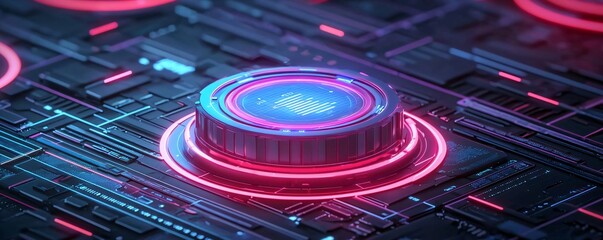 Poster - Close-up of a futuristic control button illuminated by vibrant neon lights, set against a high-tech circuit board backdrop.