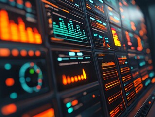 Poster - Close-up view of a digital dashboard with vibrant graphs and data displays, showcasing modern data analysis and technology.