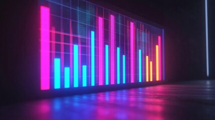 Poster - Colorful data visualization with neon bars representing statistics in a dark environment, ideal for digital analysis.