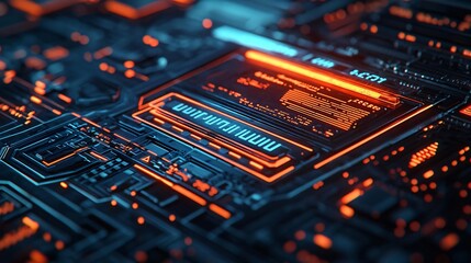 Poster - Detailed close-up of a digital circuit board with vibrant orange and blue lights, showcasing advanced technology and modern design.