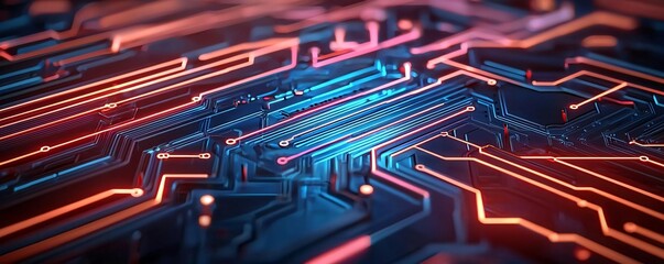 Poster - Futuristic circuit board design with glowing lines in blue and orange tones, illustrating advanced technology and digital connections.