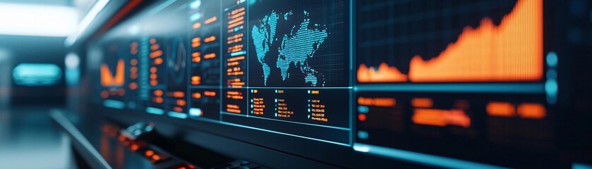 Poster - Futuristic digital interface displaying financial data, stock market trends, and global maps with vibrant, glowing colors.