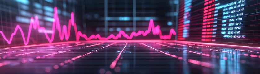 Poster - Futuristic digital chart with pink lines, representing stock market trends and data analysis in a tech-savvy environment.