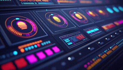 Poster - Futuristic digital interface with colorful holographic elements and buttons, perfect for tech and design projects.