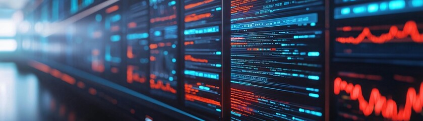 Poster - High-tech data visualization screen displays graphs and metrics in neon blue and red colors, representing modern analytics and technology.