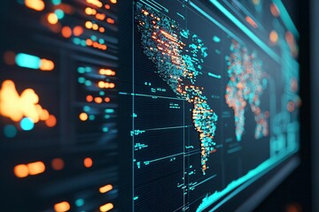 Poster - Illuminated world map with data visualization elements, perfect for technology and global business themes.
