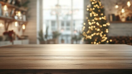 Wall Mural - An empty wooden table with pleasant illumination and seasonal decorations blurred in a very smooth background