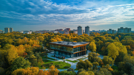 autumn in the city, view of the city, panorama of the city, building in the forest, modern architecture, urban landscape