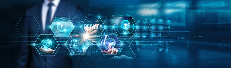 Poster - businessman touch on privacy issues affecting individuals' rights and freedoms in a digital world, e